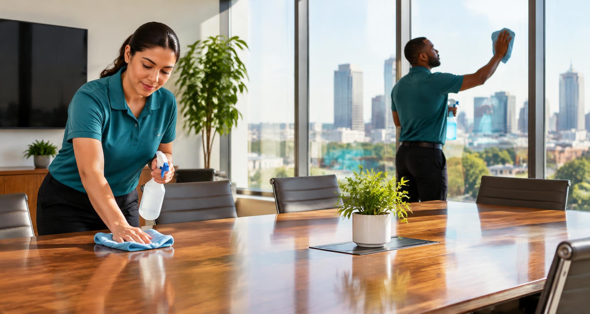 Cleaning team polishing a modern office conference room