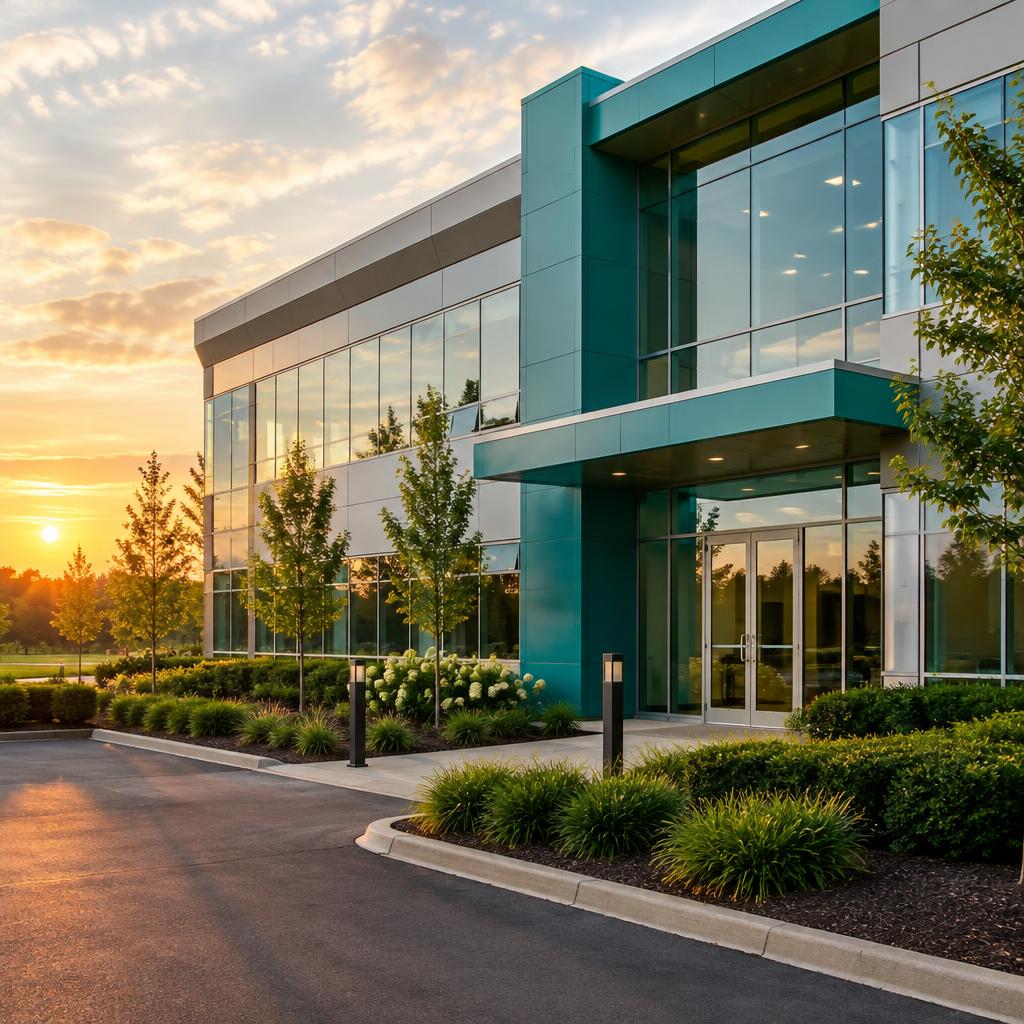 Well-maintained modern commercial office building with clean glass and landscaping at sunset