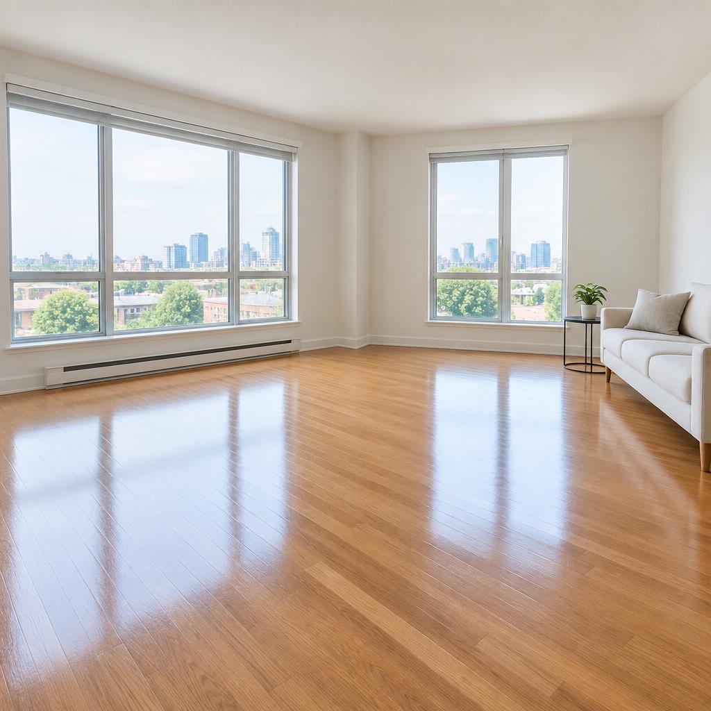 Empty bright apartment living room with clean wood floors ready for move-out cleaning in Hayward