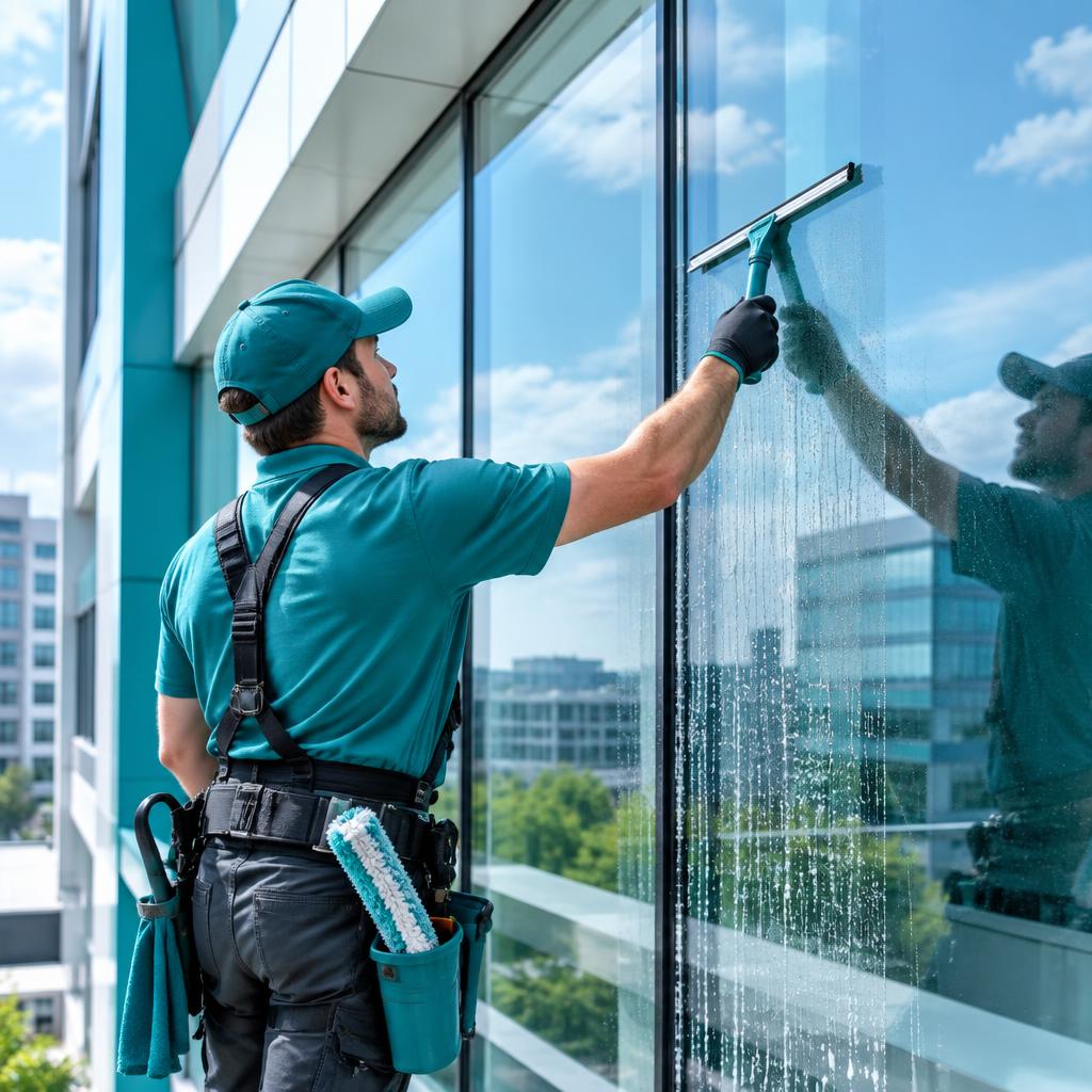 Professional window cleaner washing the glass windows of an office building in Hayward, California